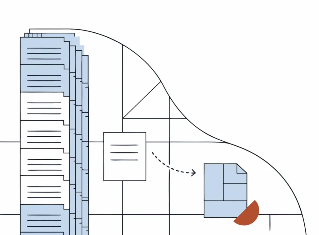 Grafik: Dokumentenstapel und neu geordnetes Dokument als Sinnbild für die Curaçao-Lizenzreform