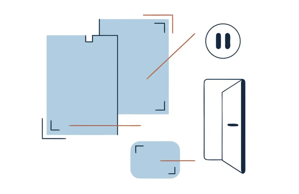 Grafik: Dokumente, Pausensymbol und offene Tür als Sinnbild für Spielpause und Hilfe